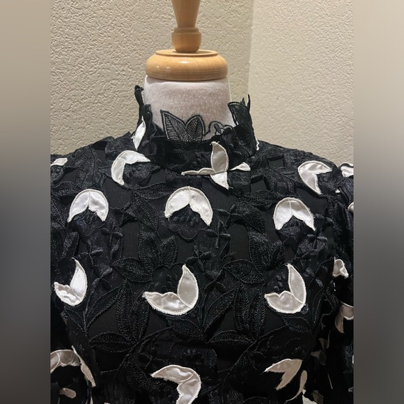 VTG 80s Richilene New York Black White Floral  Lace Bubble Formal Dress Sz 4 - Picture 3 of 8